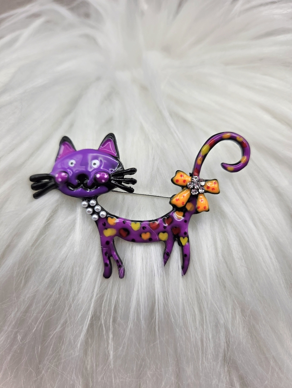 Whimsical Purple Cat Brooch with Orange Polka-Dot Bow, NWOT